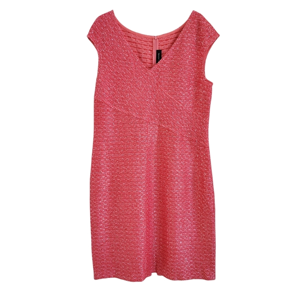 St John Pink Red Tweed Boucle‎ Knit Sheath Dress Sequins Size 16